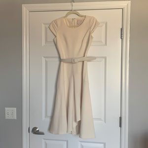 Off-white belted Gal Meets Glam fit and flare midi dress with asymmetrical hem